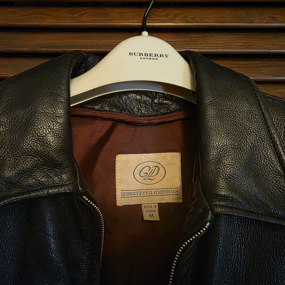 Black Leather Bomber Jacket with Burgundy Lining - Picture 2 of 4